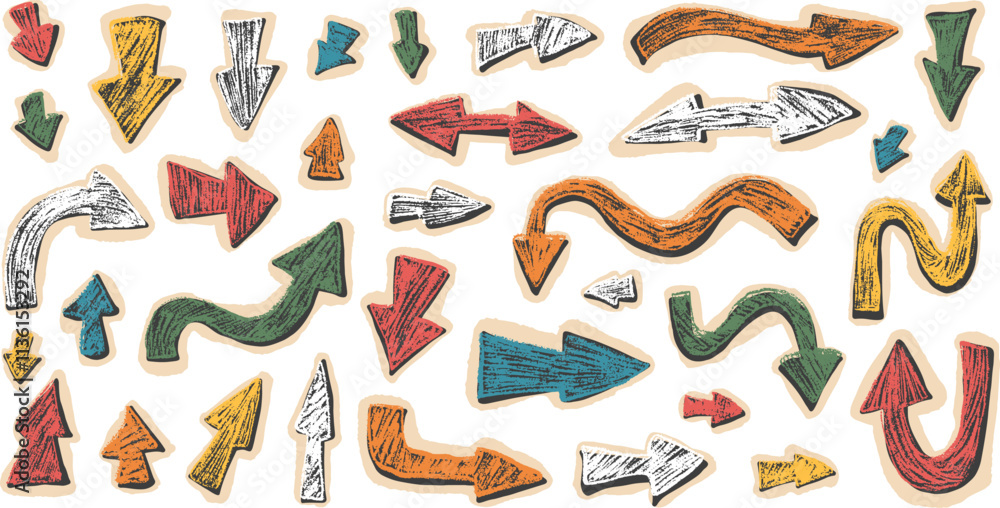 Poster arrow set for collage. crayon drawing paper navigation path marks.curved pointers for collage isolat