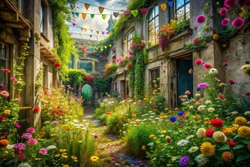 Fototapeta premium Happy Birthday Garden Urban Exploration Photography: Overgrown Secret Garden Birthday Celebration