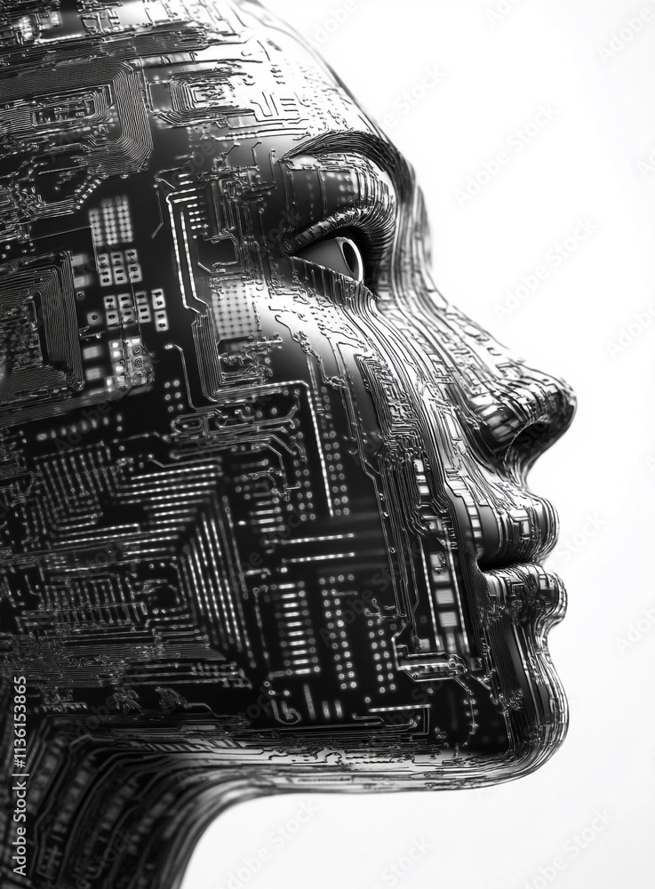 Poster a futuristic face composed of complex circuit boards and flowing digital code, whose head tilts gent