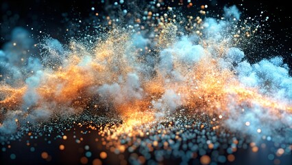 Obraz premium Abstract digital art of bright blue and orange particles suspended in motion, resembling a cosmic explosion