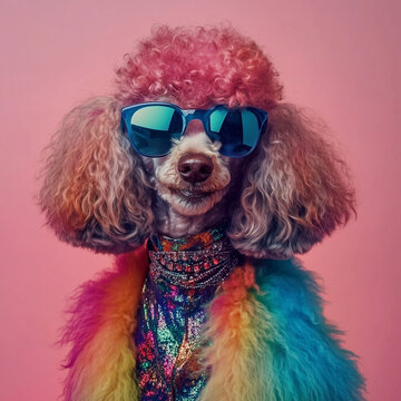 Pudel mit Sonnenbrille vor rosa Hintergrund, Generative AI
