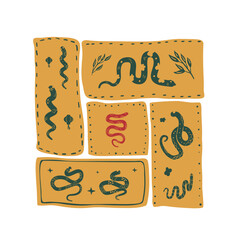 Green snake Chinese New Years bento grid square emblem symbol. Cny zodiac snake lunar 2025 modular poster isolated on white background. Vector hand drawn flat illustration