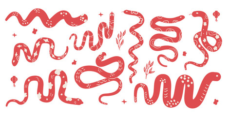 Green snake Chinese New Years symbol set. Cny zodiac snake lunar 2025 collection isolated on white background. Vector hand drawn flat illustration