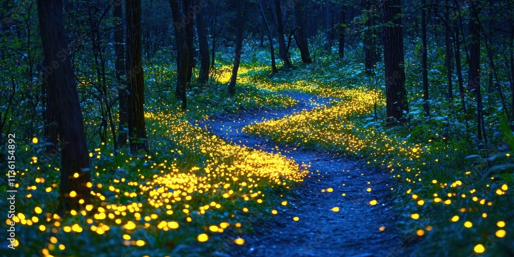 Aufkleber path in a forest with glowing fireflies