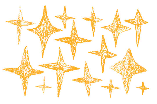 Crayon drawn golden sparkle stars set. Space shine shapes and blings doodle pack. Blinking on night sky. Vector handdrawn by pencil or pastel illustration isolated on white background.