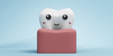 3D illustration of a molar tooth as a character, highlighting its enamel and root structure. Implant image for dental, medical and educational content on oral hygiene and treatment.