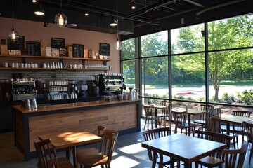 Fototapeta premium Generative AI modern simplistic kitchen in coffee shop open space Interior design of cafe with wooden and modern style, Decorated with cozy tone, Coffee machine, Using natural light. 