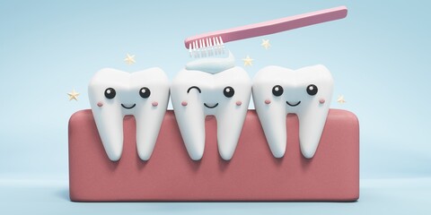 3D illustration of a molar tooth as a character, highlighting its enamel and root structure. Implant image for dental, medical and educational content on oral hygiene and treatment.