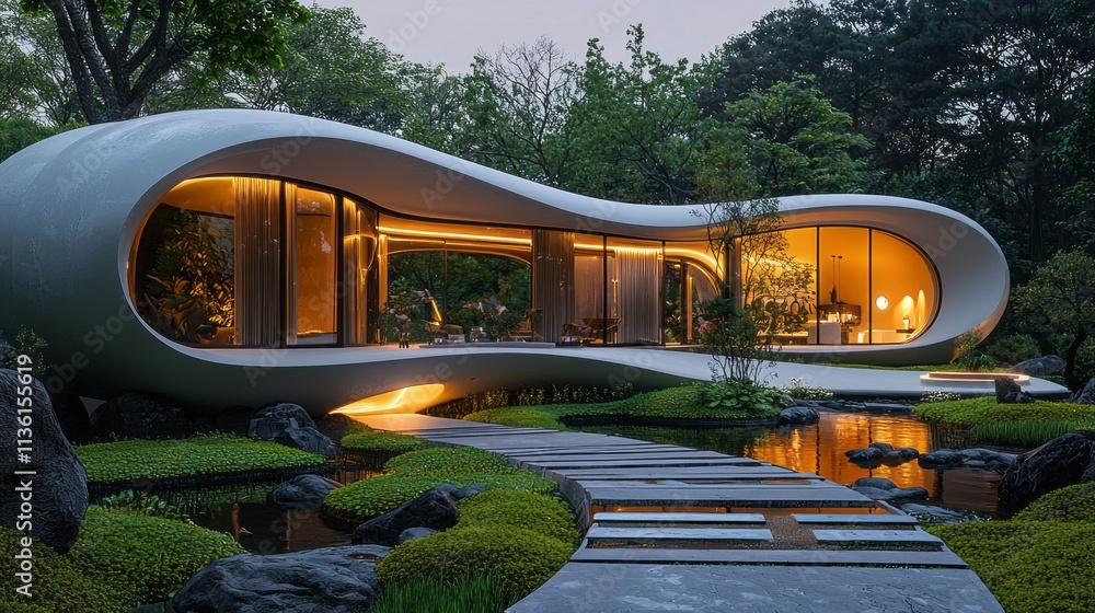 Poster A house with a curved design and a large pool in front of it