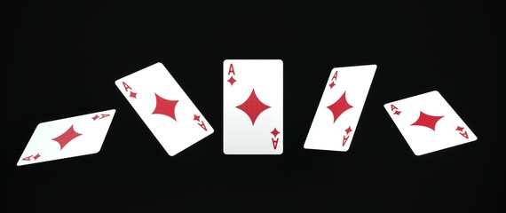 Casino cards game in neon light on dark black background - 3d render. Flying cards for online casinos and mobile gambling applications, poker - winner, wealth concept.