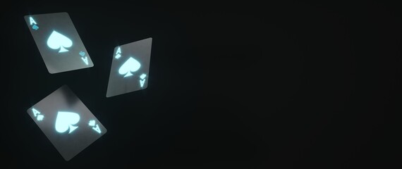 Casino cards game in neon light on dark black background - 3d render. Flying cards for online casinos and mobile gambling applications, poker - winner, wealth concept.
