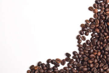 Coffee beans border on white background. Copy space for text