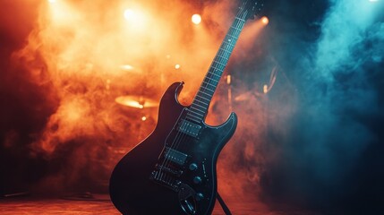 A dramatic close-up of an electric guitar on a stage with concert lighting and a smoky atmosphere