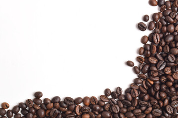 Coffee beans border on white background. Copy space for text