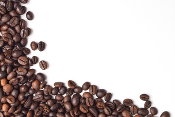 Coffee beans border on white background. Copy space for text