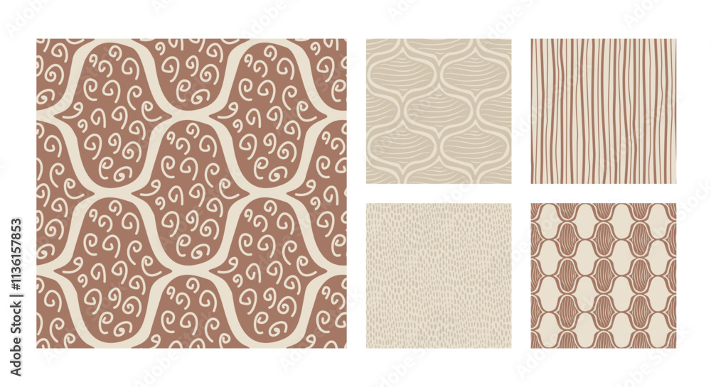 Poster brown monochrome ogee seamless patterns collection. damask geometric print beige and mocha mouse end