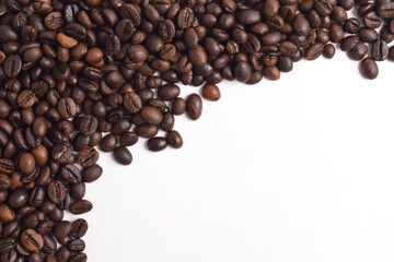 Coffee beans border on white background. Copy space for text