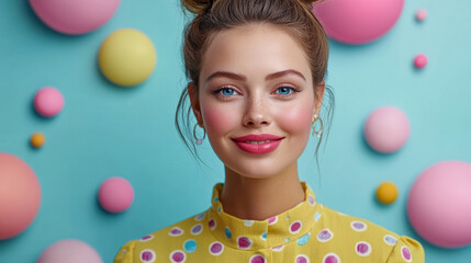 A cheerful woman with blue eyes and light brown hair poses in front of a bright, colorful wall decorated with pastel spheres. She wears a yellow top with polka dots.