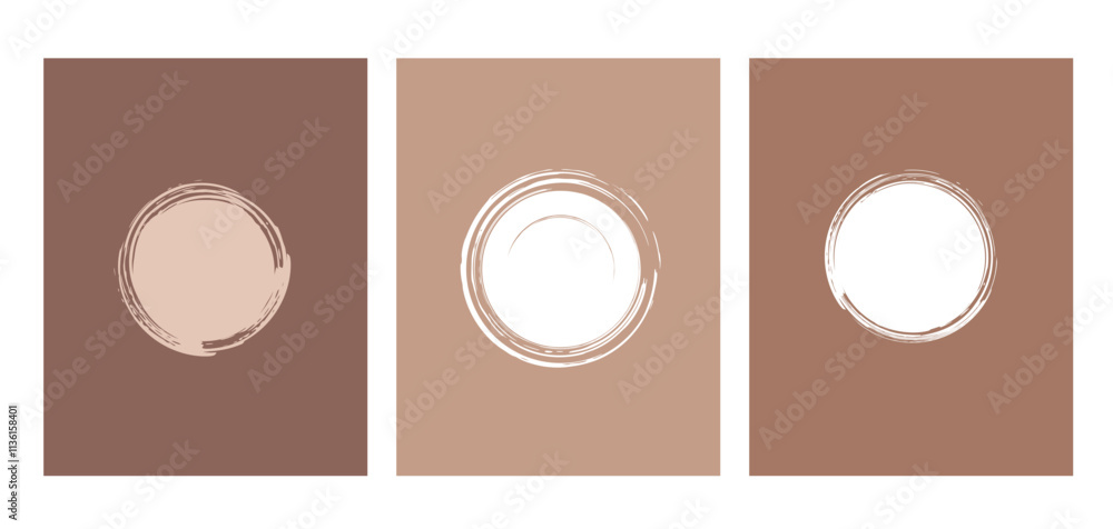 Poster brown background vertical banner set with hand drawn circle frame. abstract mocha mousse template wi