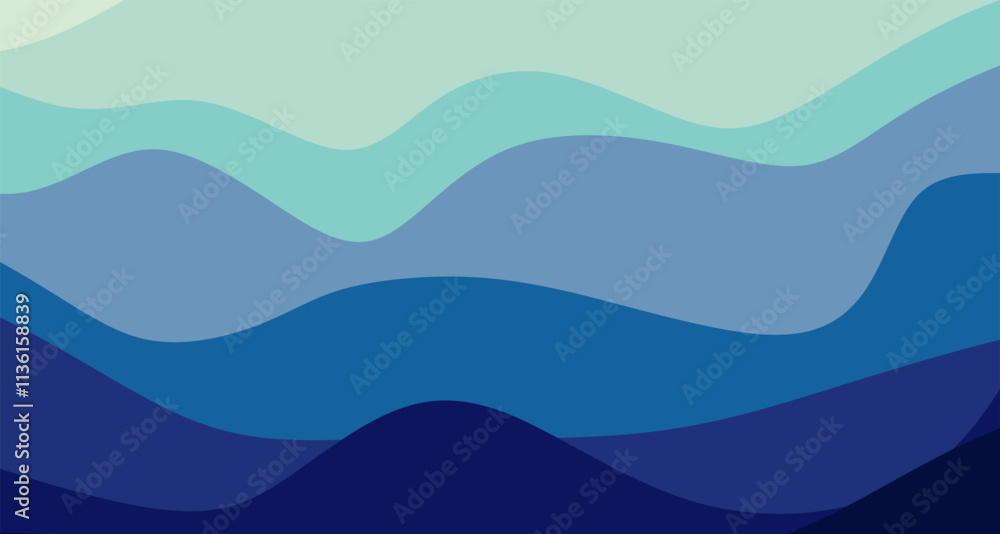 Poster blue curves and ocean waves range from soft to dark vector background flat design styles.
