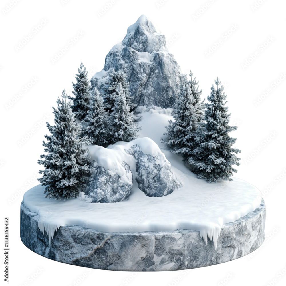 Wall mural 3d rendering of an ice covered mountain with snow and trees set over a podium against transparent ba