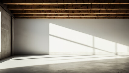 Obraz premium Empty Industrial Studio with Wooden Beams and Light Shadows on Wall
