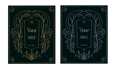 Ornate Floral Frames with Gold and Silver Accents on Dark Green Background. Featuring Botanical Details and Swirling Motifs. Ideal for Premium Book Covers, Invitations, and Classic Designs.