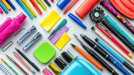 Fototapeta premium A flat lay of colorful stationery supplies, including pens, sticky notes, and a stapler, styled on a bright white desk