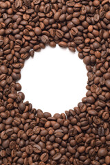 Roasted coffee beans with a circle Frame in the center on a white background. Top view with copy space for your text
