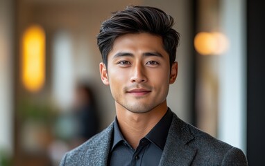 Obraz premium Asian man with a smile on his face is wearing a suit and a shirt in studio office background