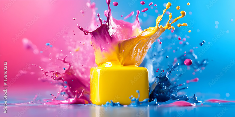 Poster vibrant cmyk paint splashes collide, creating a dynamic explosion of color.