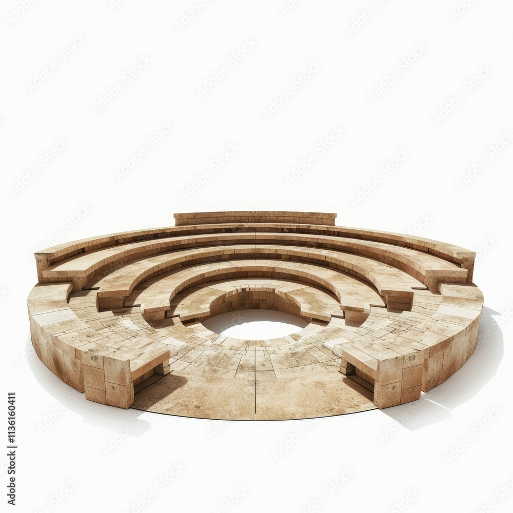 Poster rendering of an empty stone amphitheater presenting concentric steps on white background