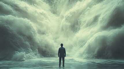 Obraz premium Man Facing Immense Waves: A Powerful Image of Human Resilience