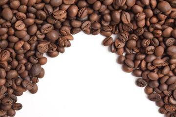 Coffee beans border on white background. Copy space for text