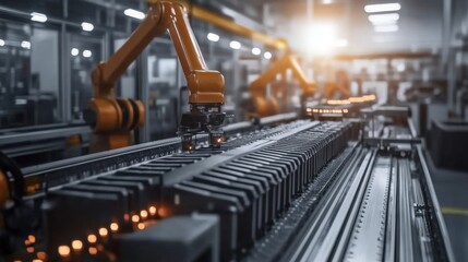Battery manufacturing assembly line showcasing advanced technology and precision engineering, where skilled workers meticulously assemble components to ensure high-performance energy solutions