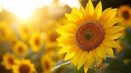Obraz premium Vibrant sunflower in a field at sunset.