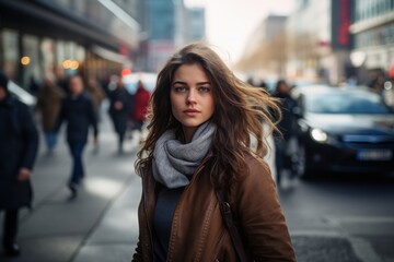 Obraz premium A woman with long hair and a scarf is walking down a street with other people