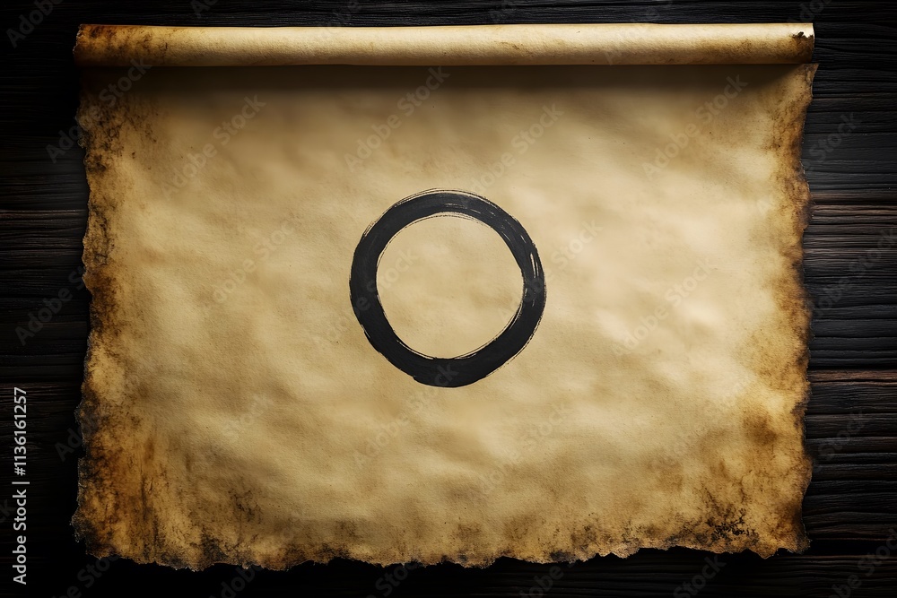 Poster an aged scroll featuring a simple black circle, suggesting themes of simplicity or zen.