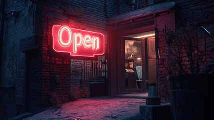 A glowing neon sign reading "Open" in bold letters, styled against a textured brick wall at night