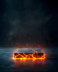 Erupting podium of lava dark cave digital art fiery environment low angle conceptual imagination