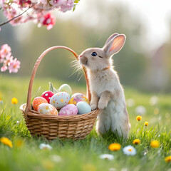 bunny holding colorful eggs in a basket eastern