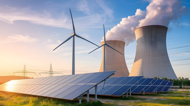 A combination of wind turbines, solar panels, and a nuclear power plant illustrates the harmony between renewable and traditional energy sources, showcasing an approach to sustainable power generation