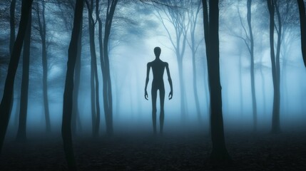 Mysterious silhouette in misty forest setting