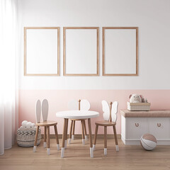Mockup in the children's room, Baby Room Mockup,Frame Mockup, Set of 3 Frames, Poster Mockups, Nursery Interior, boho, scandinavian, eco style,3d rendering, 3d illustration