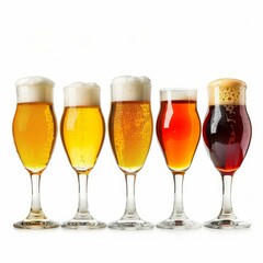Five beer glasses with various refreshing beer types, showing different colors and foam levels, stand on a clean white background