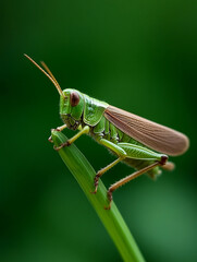 Fototapeta premium Green grasshopper resting on a blade of grass