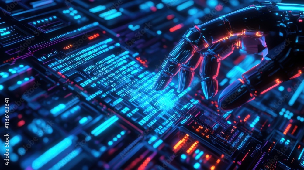 Poster futuristic robotic hand interacting with digital data interface