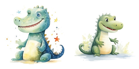 Naklejka premium Cute cartoon dinosaurs with bright colors and playful expressions
