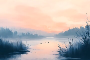 Illustration of a serene landscape with soft pastel colors, creating a calming and peaceful atmosphere