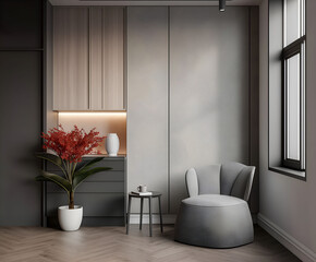 Aesthetic elegant minimalist modern interior design. Clear mock up empty wall for decoration in the apartment. Copy space in the room. Neutral palette of natural colors.